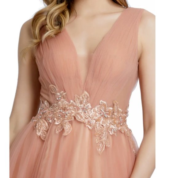 MAC DUGGAL ILLUSIONS EMBELLISHED BOAT NECK TULLE APRICOT BALL-GOWN sz 4 - Picture 3 of 6